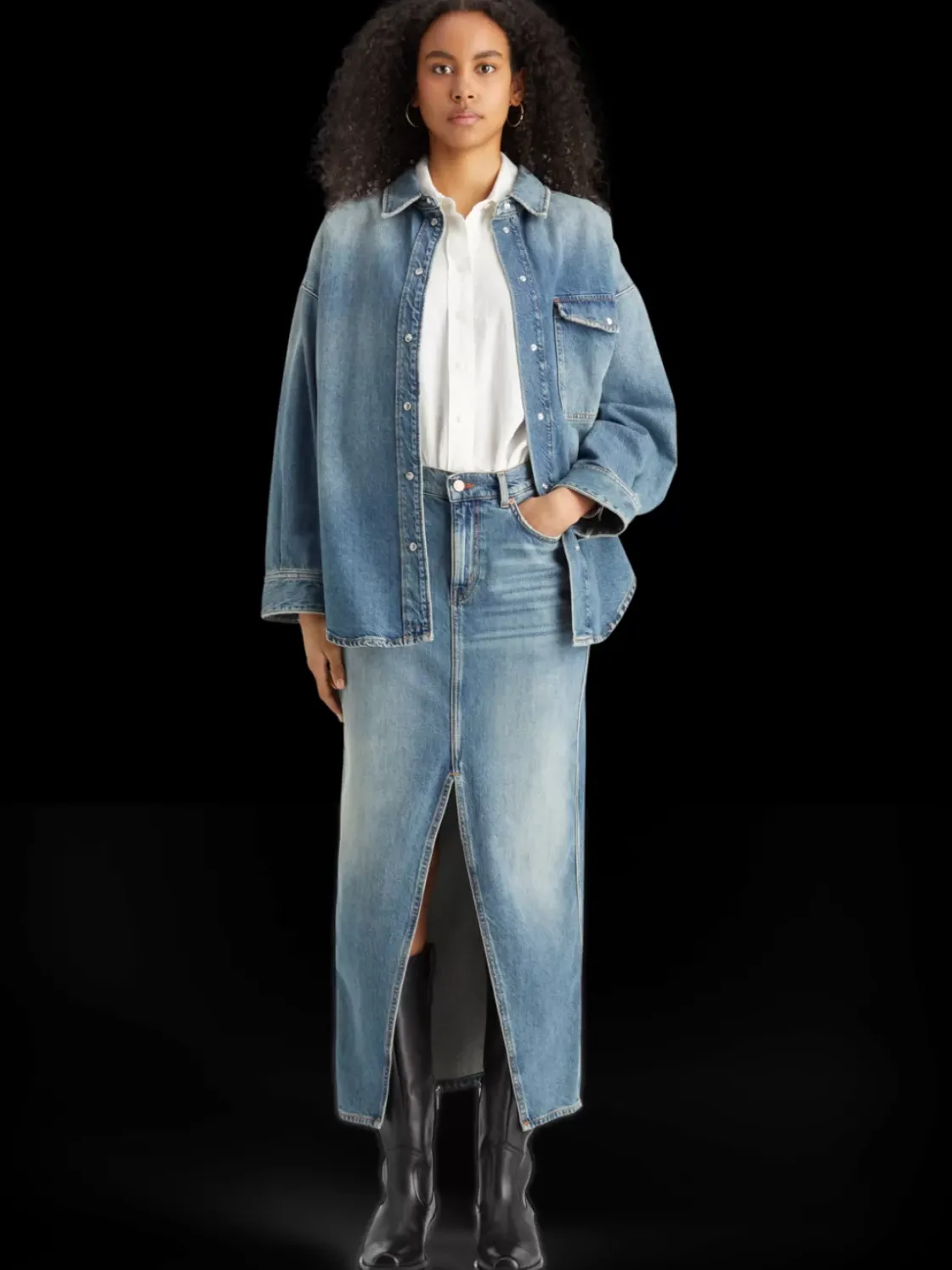 Long vintage washed denim skirt with front split-Scotch & Soda New