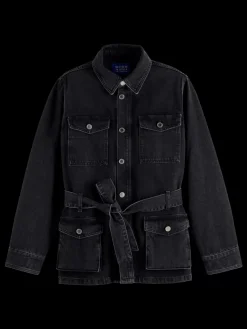 WORKED OUT BLACK CARGO DENIM JACKET WITH BELT-Scotch & Soda Discount